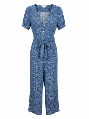 Max Studio Blue Floral Button-Front jumpsuit with Tie Waist